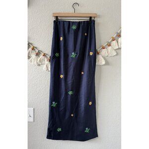 Emory Park Satin Silky Slip Midi Skirt Embroidered Ditsy Floral Navy Pull On M